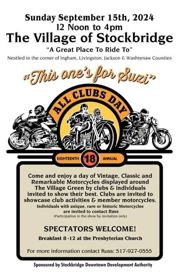 The poster for All Clubs Day in the Village of Stockbridge, September 15, 2024