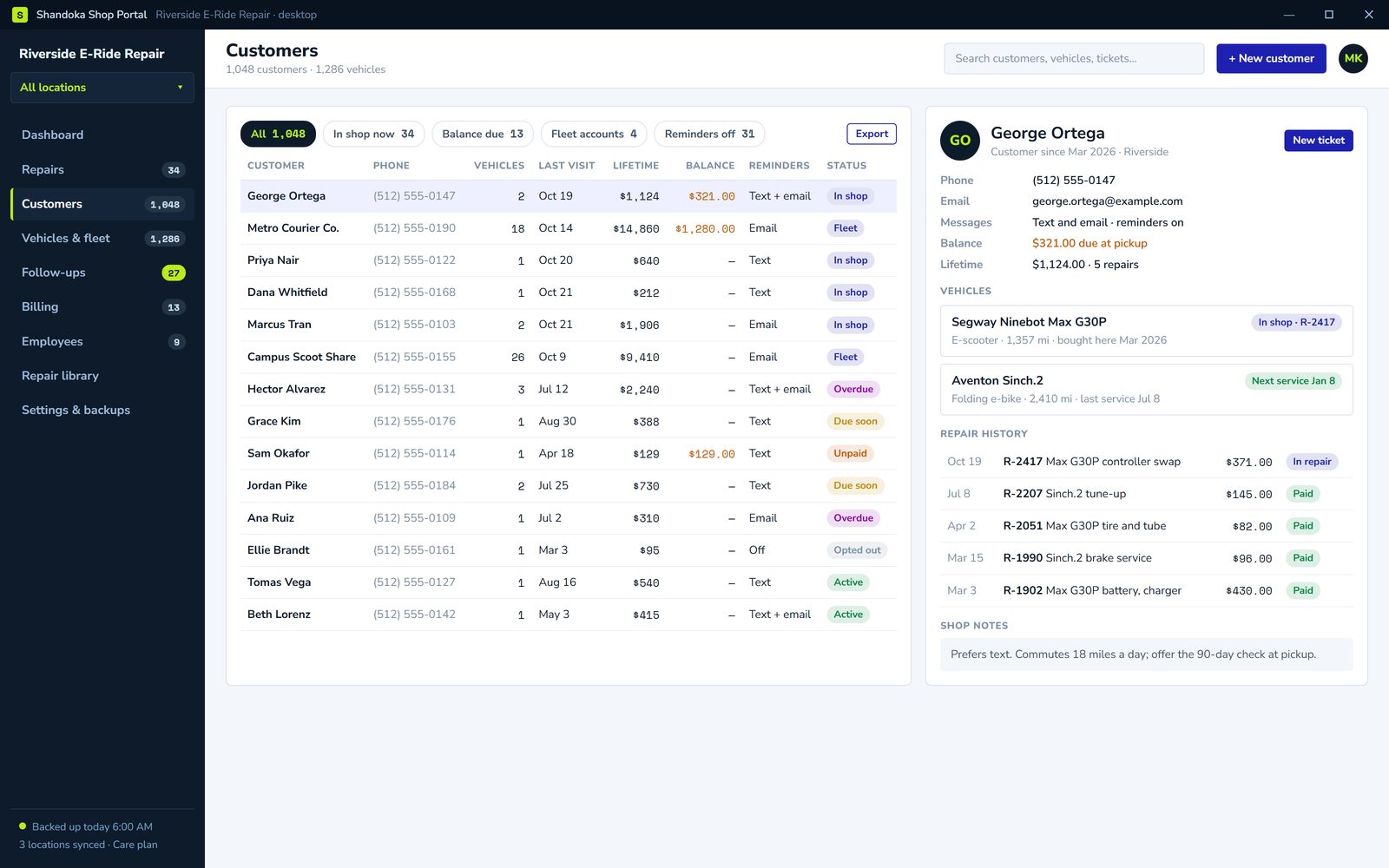 Customer list with one customer's vehicles and repair history