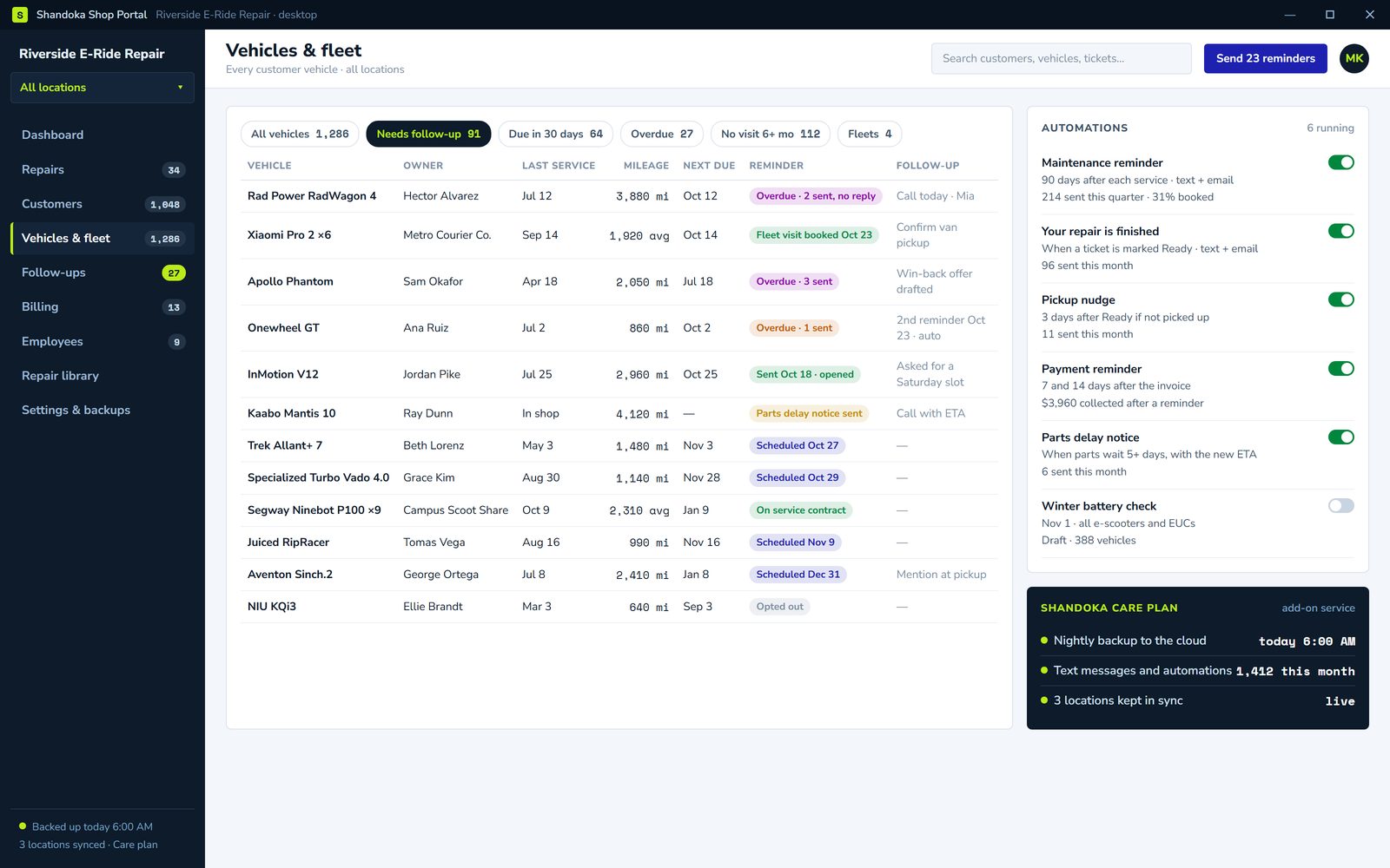 Vehicle and fleet list with reminder status and automations