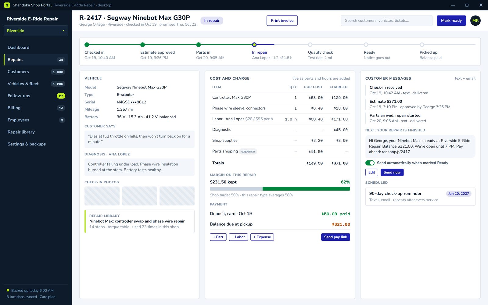 Repair ticket with customer messages, diagnosis and cost against charge